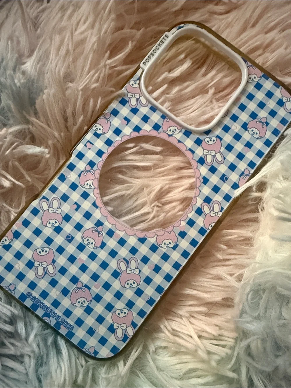 Monchhichi Blue Gingham Pink Character Phone Case with MagSafe pop socket